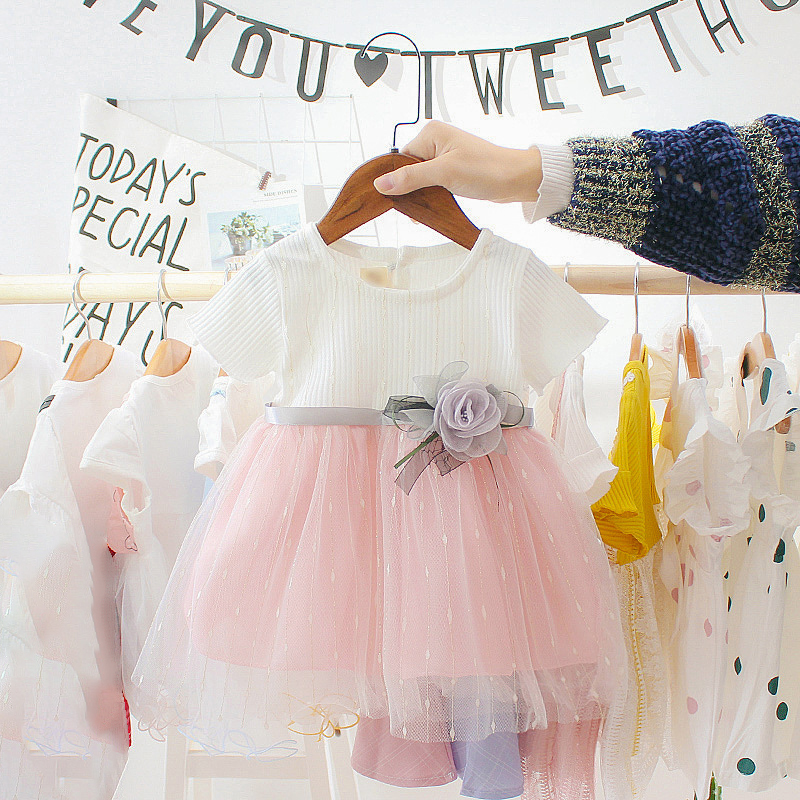 Children Summer Girls Cotton Cute Mesh Stitching Dress Bottoming Short Sleeve Sweet Princess Dress 0-4T