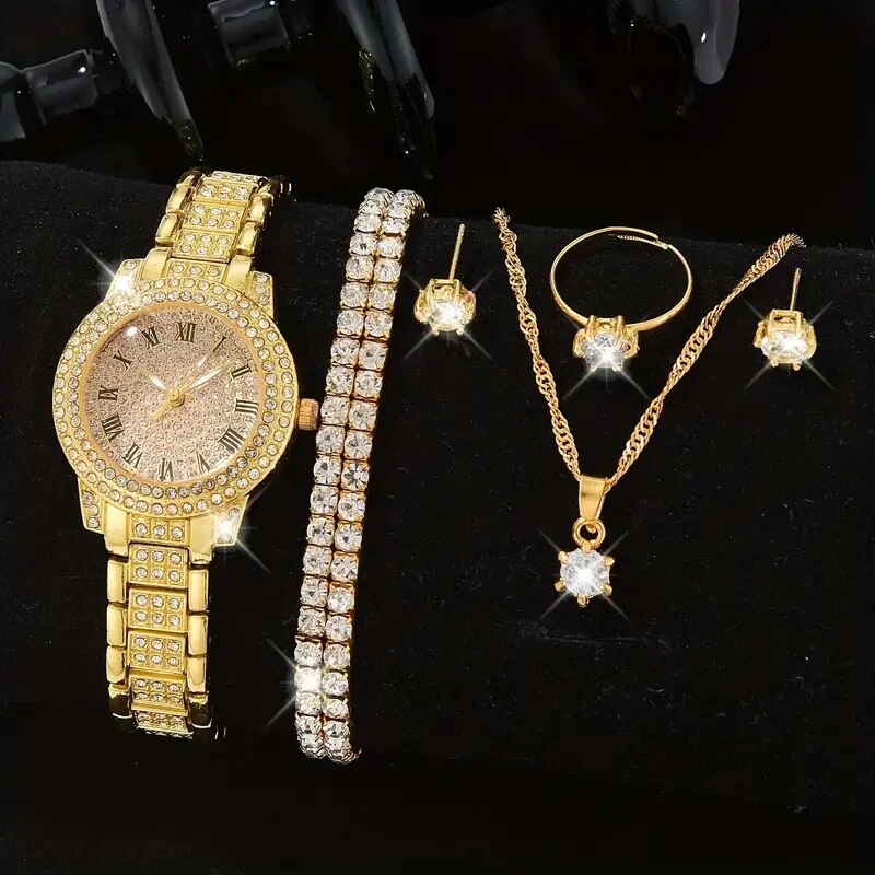 7pcs Ladies Fashion Casual Star Number Full Diamond British Watch White Crystal Love Earrings Necklace Ring Bracelet Gift Set