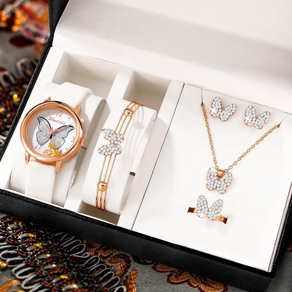 Watch Set For Women Luxury Leather Analog Ladies Quartz Wrist Watch Butterfly Design Fashion Bracelet Watch Holiday Gifts Montre