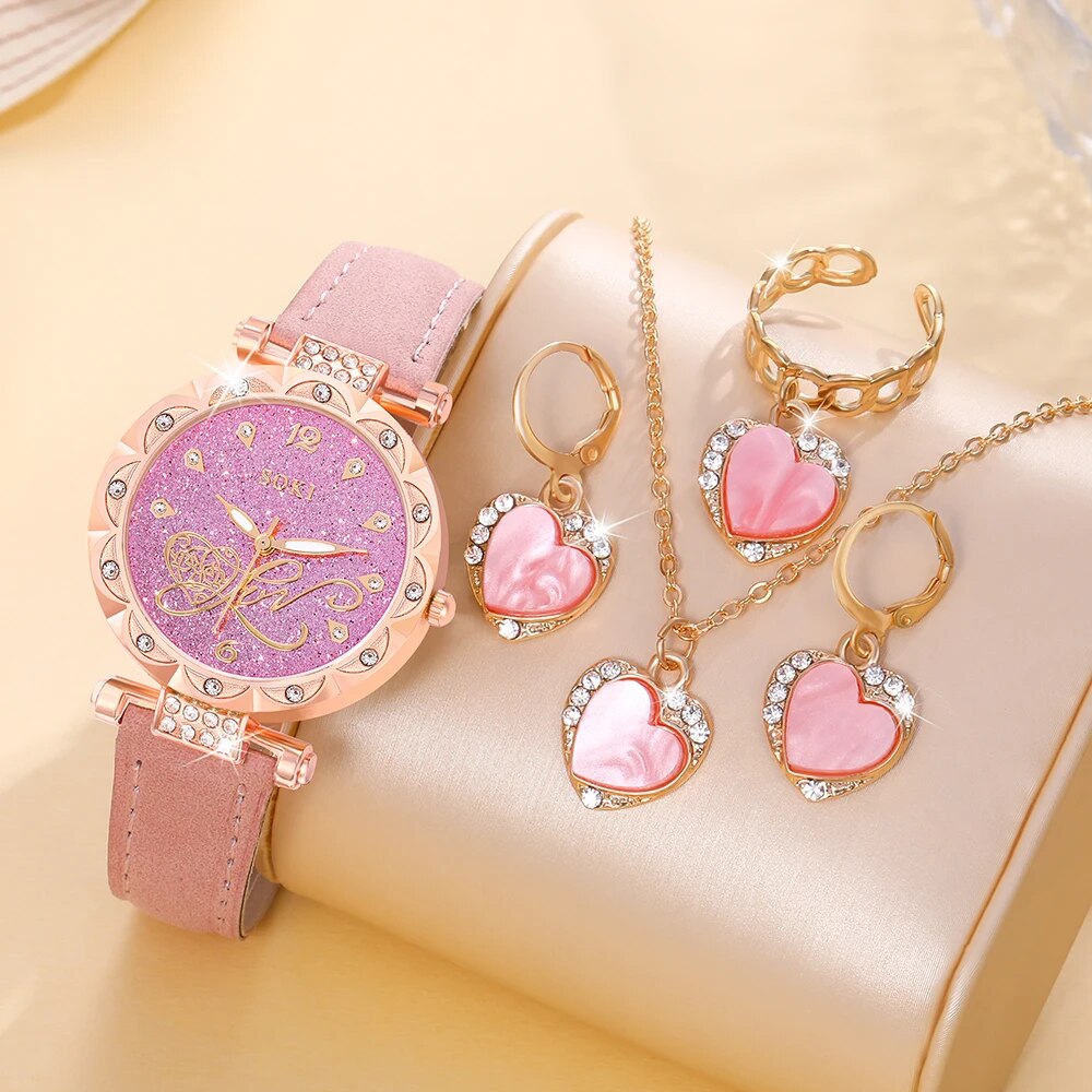 New 5pcs Set Watches Women Leather Band Ladies Watch Simple Casual Womens Analog WristWatch Gift Montre Femme