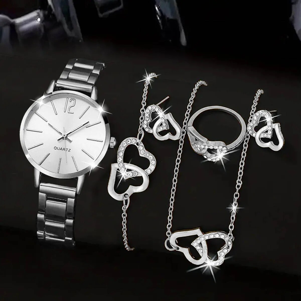 6Pcs Ladies Fashion Simple Designer Star Butterfly Rhinestone Steel Band Quartz Watch Luxury Pearl Rhinestone Love Jewelry Set