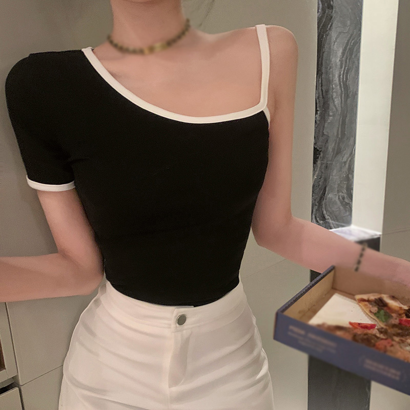 Women's Color Clashing Strapless Asymmetric Halter Short-Sleeved T-Shirt Summer Light Slim Tops